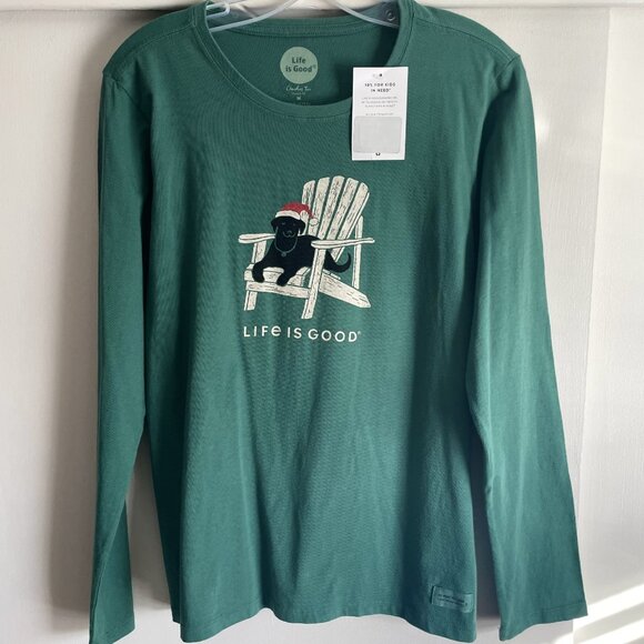 LIFE IS GOOD Black Lab Winter Dog Days Crusher Tee M Green Holiday Santa Hat - Picture 2 of 12